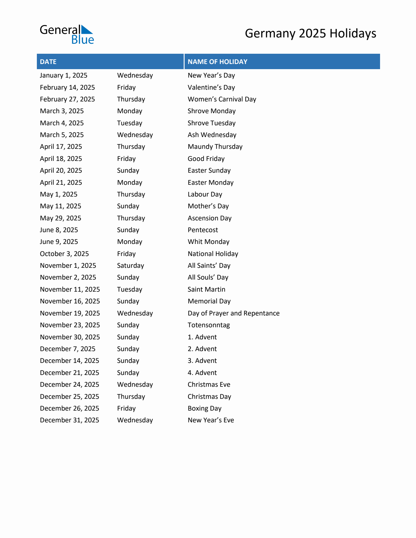 2025 Germany List Of Holidays In Pdf, Word, And Excel throughout Printable Calendar 2025 Holidays List