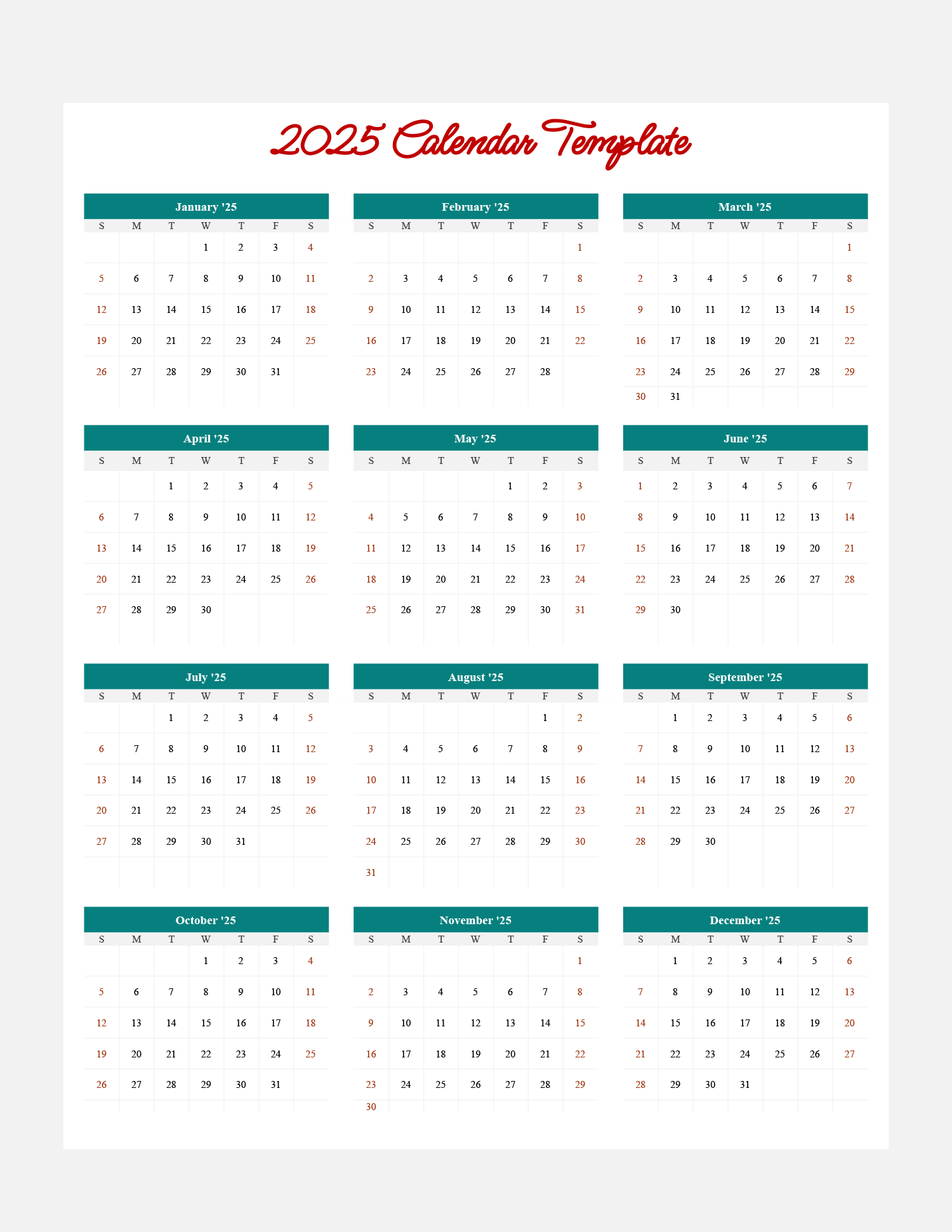 2025 Minimal Calendar Template - Google Sheets - Highfile inside Printable Google Calendar 2025