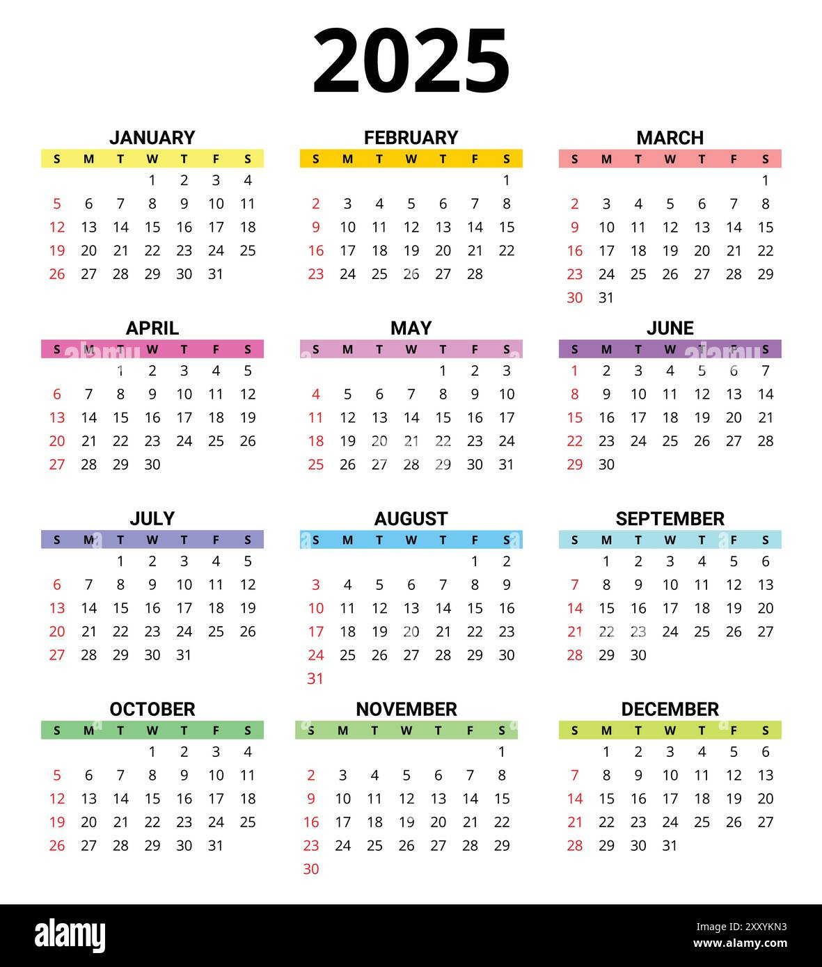 2025 Month Printable Color Calendar. Modern Vector Template inside Printable Calendar 2025 Colorful