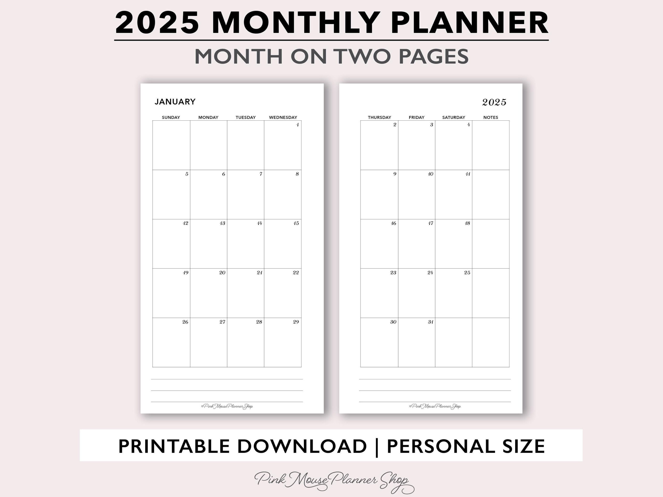 2025 Monthly Printable Planner Inserts, Month On 2 Pages Calendar pertaining to Printable 2 Page Monthly Calendar 2025