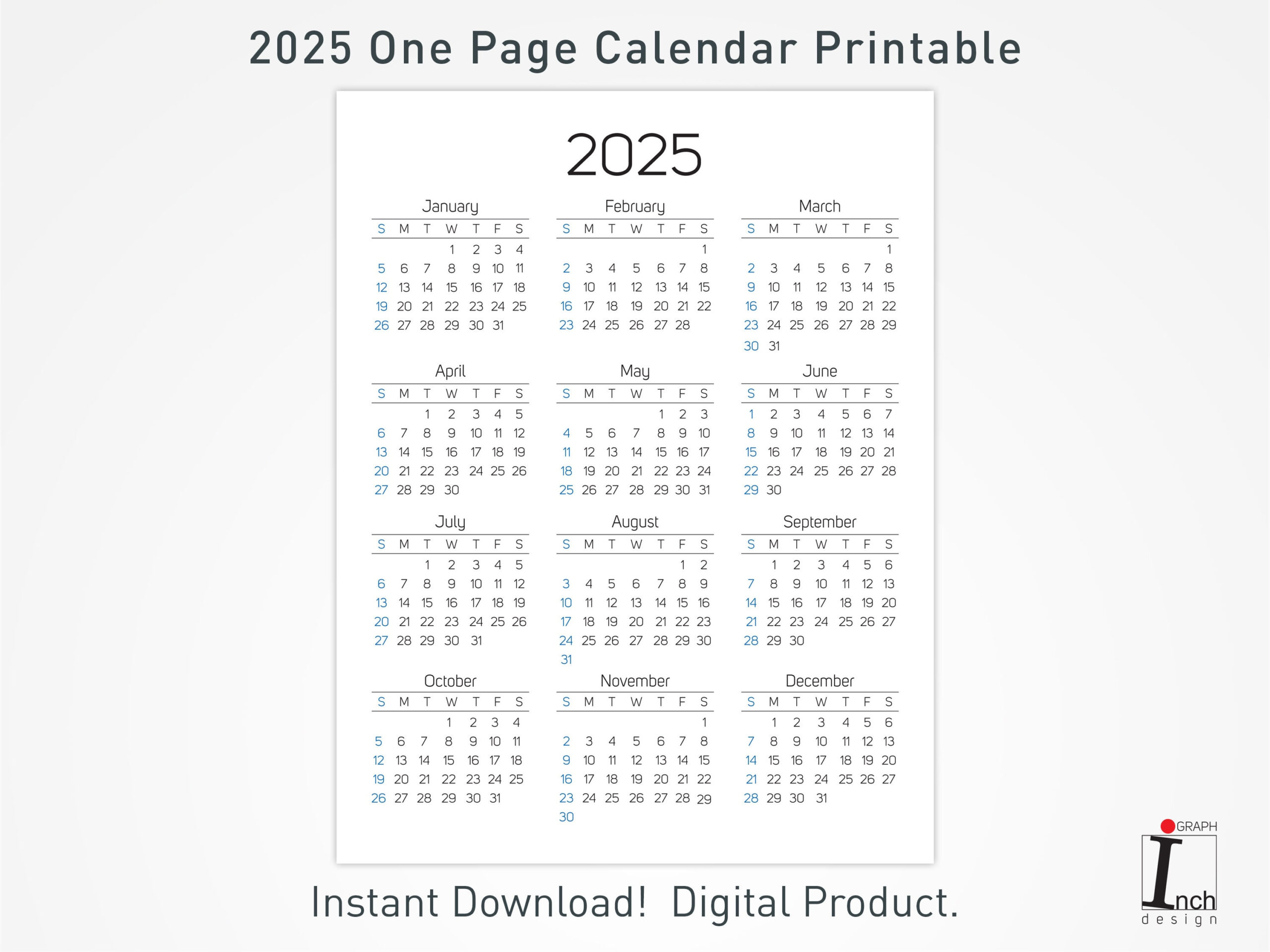 2025 Printable Calendar, 12 Months One Page Calendar, Wall for 2025 12 Month Calendar On One Page Printable