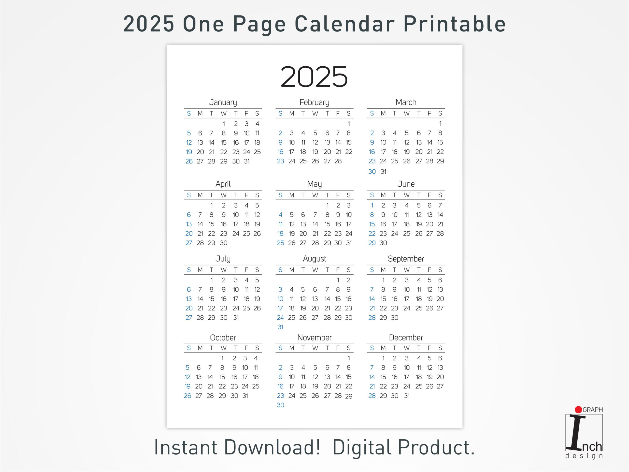 2025 Printable Calendar, 12 Months One Page Calendar, Wall for 2025 One Page Printable Calendar