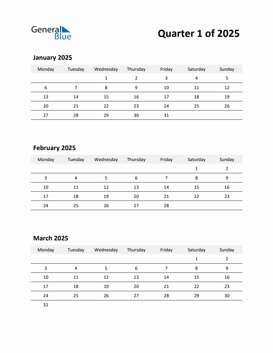 2025 Q1 Three-Month Calendar (January, February, And March) pertaining to January February March 2025 Calendar Printable