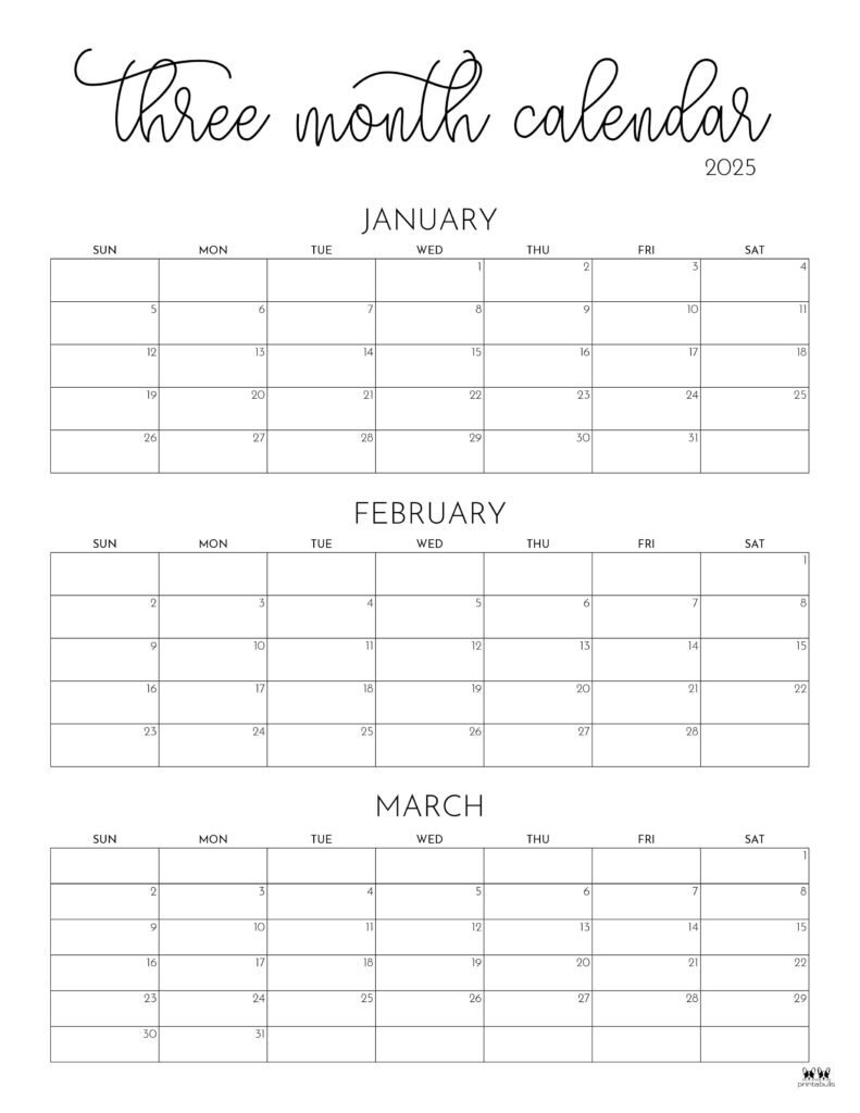 2025 Three Month/Quarterly Calendars - 36 Free Cals | Printabulls in Printable Three Month Calendar 2025