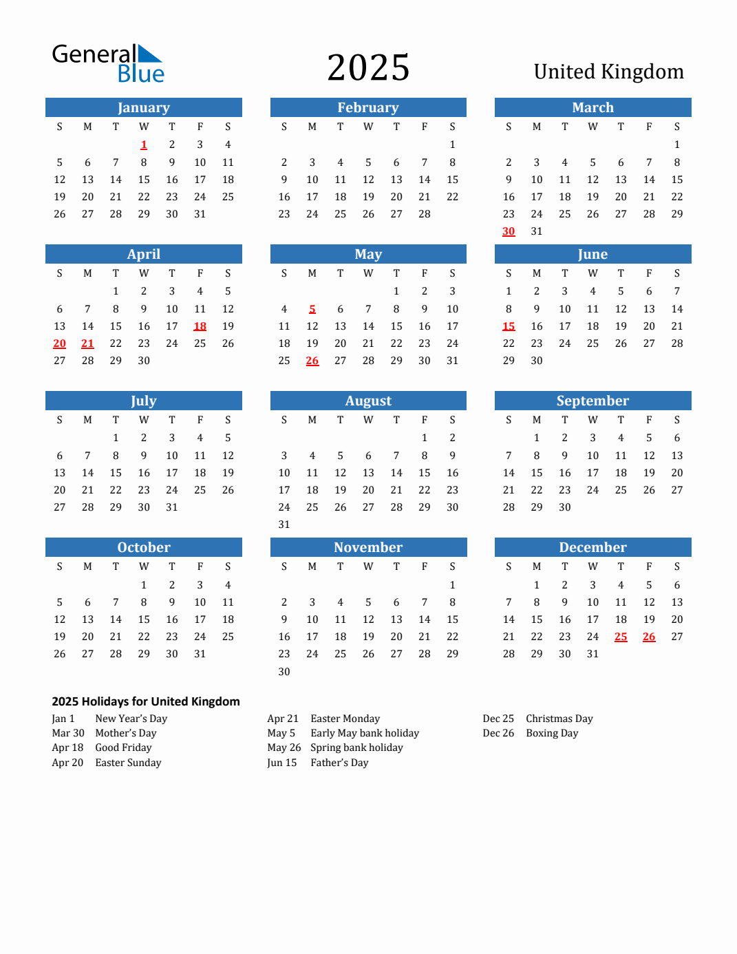 2025 United Kingdom Calendar With Holidays with regard to Free Printable 2025 Calendar With Holidays