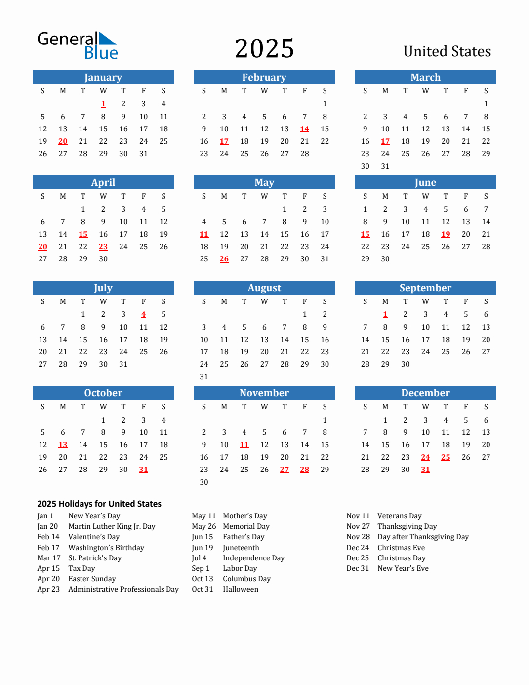 2025 United States Calendar With Holidays for Printable Calendar 2025 with Us Holidays