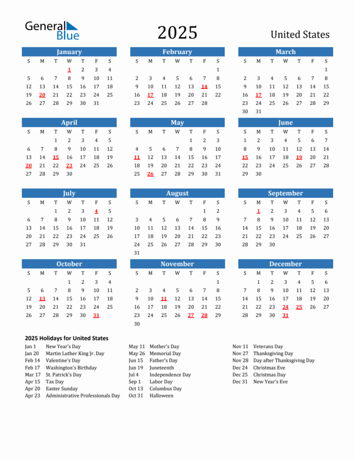 2025 Calendar Free Printable with Holidays