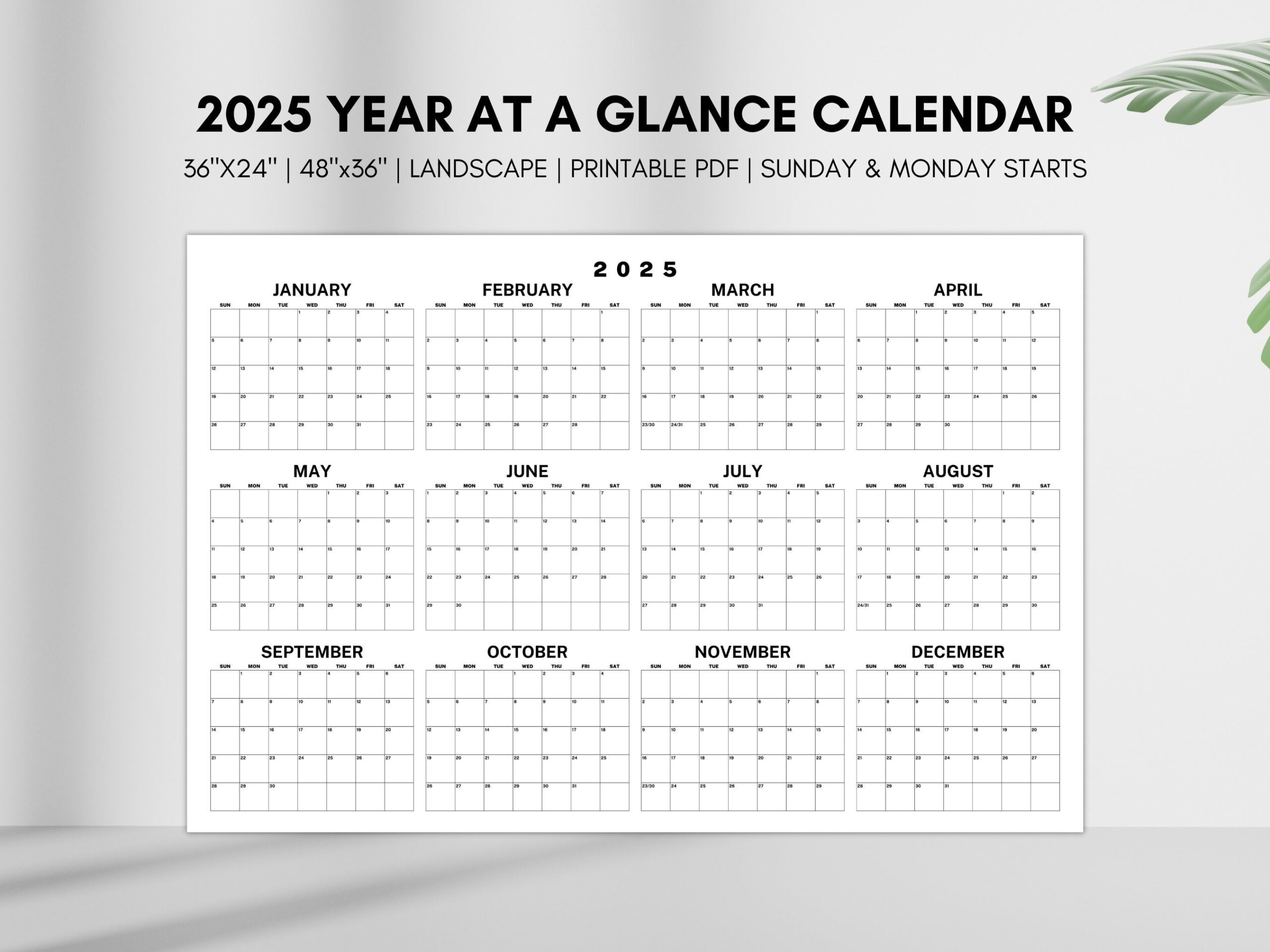 2025 Year At A Glance Calendar, Large Horizontal 2025 Calendar for Year at a Glance Printable Calendar 2025