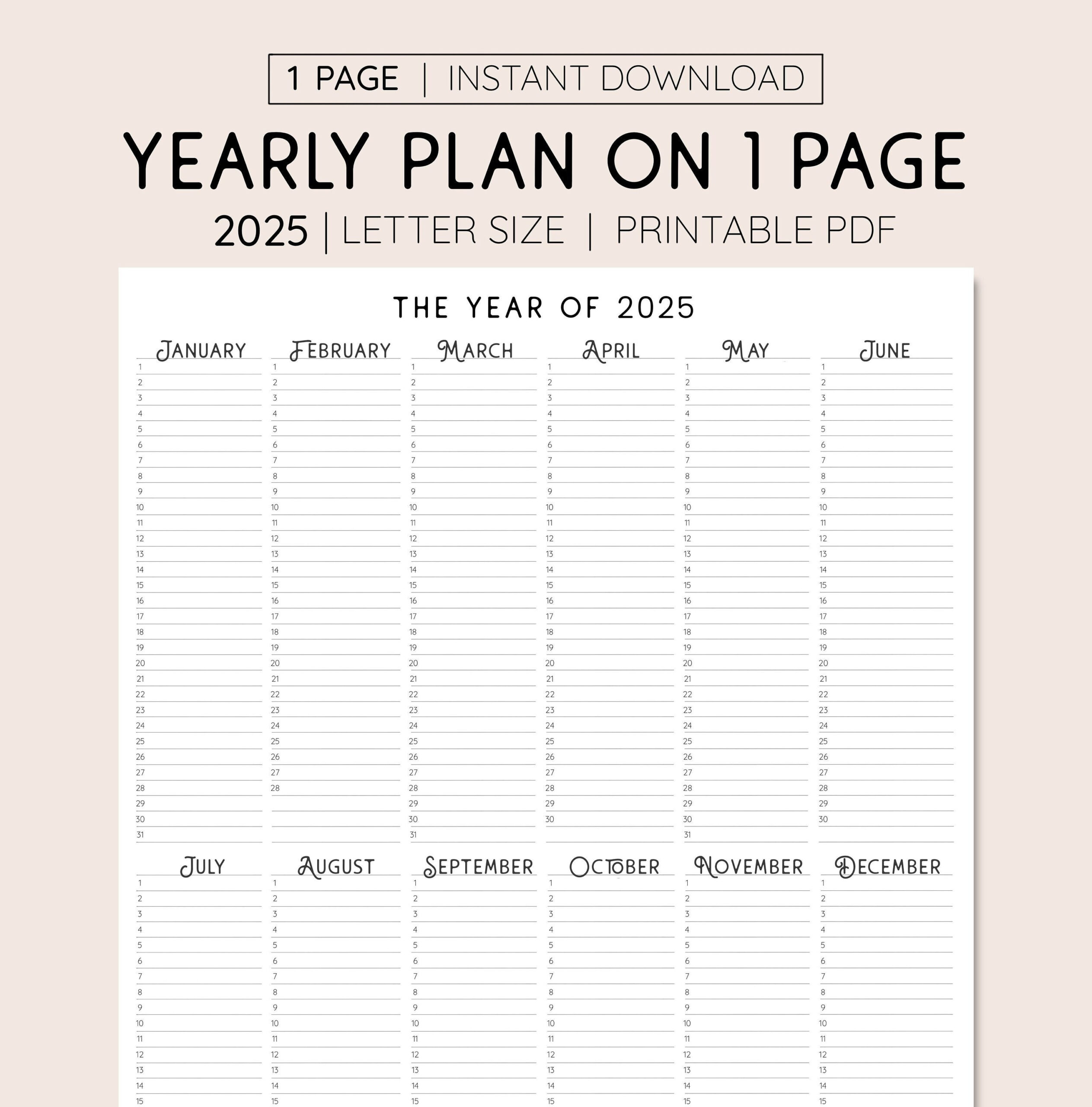 2025 Year At A Glance, Instant Download, Yearly Overview in 2025 Planning Calendar Printable