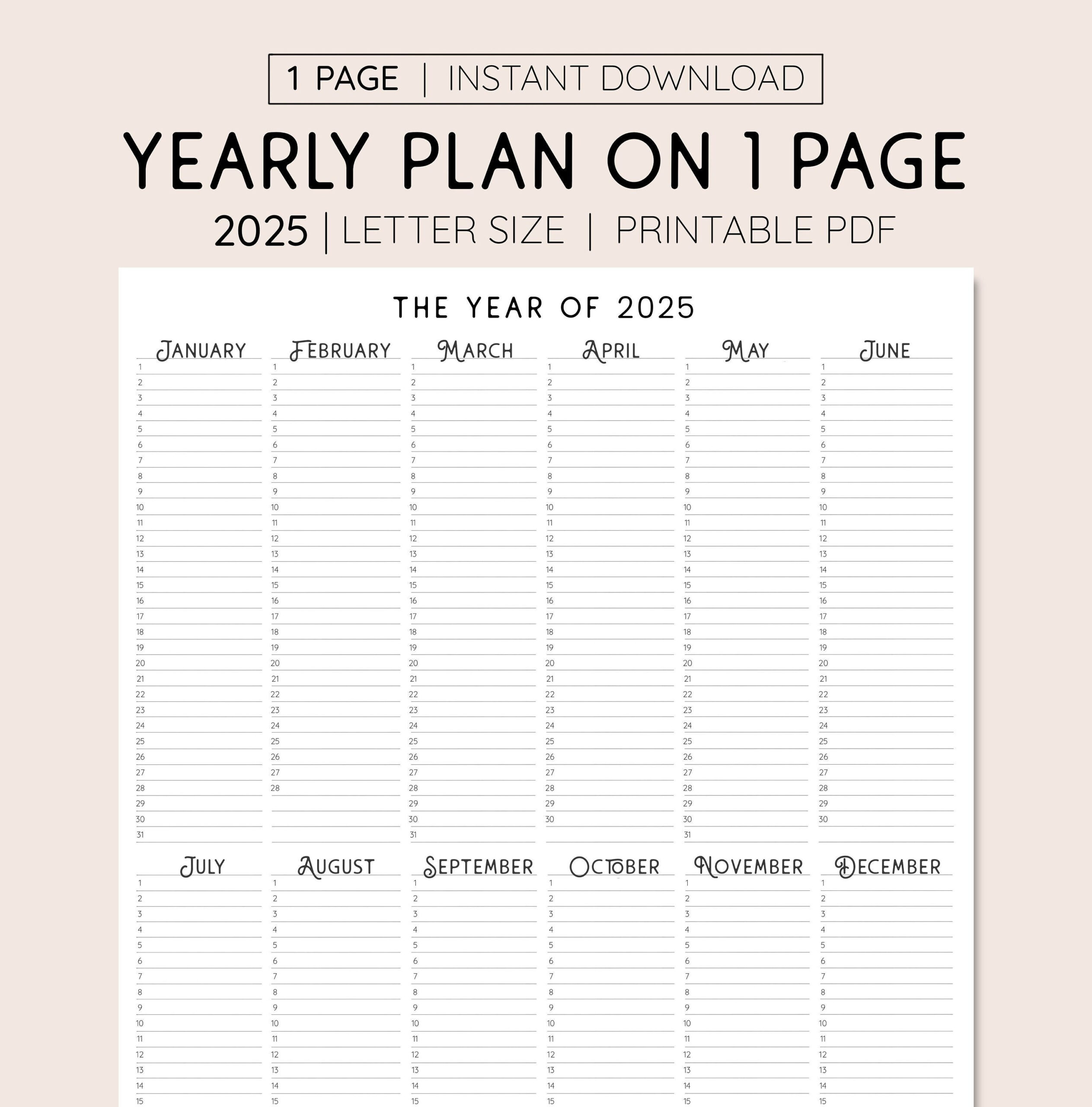 2025 Year At A Glance, Instant Download, Yearly Overview intended for Calendar Planner 2025 Printable