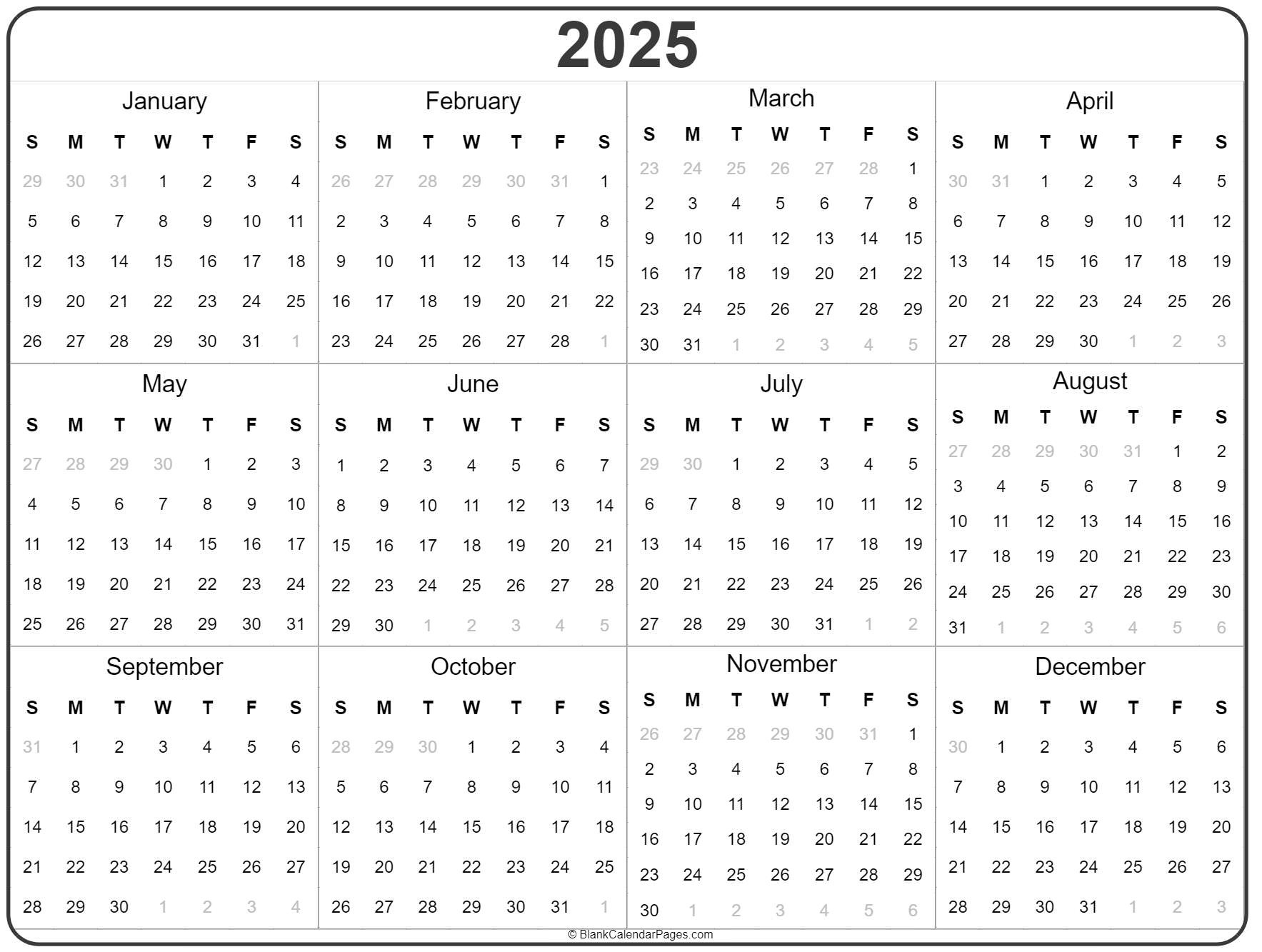 2025 Year Calendar | Yearly Printable for 2025 Blank Printable Calendar