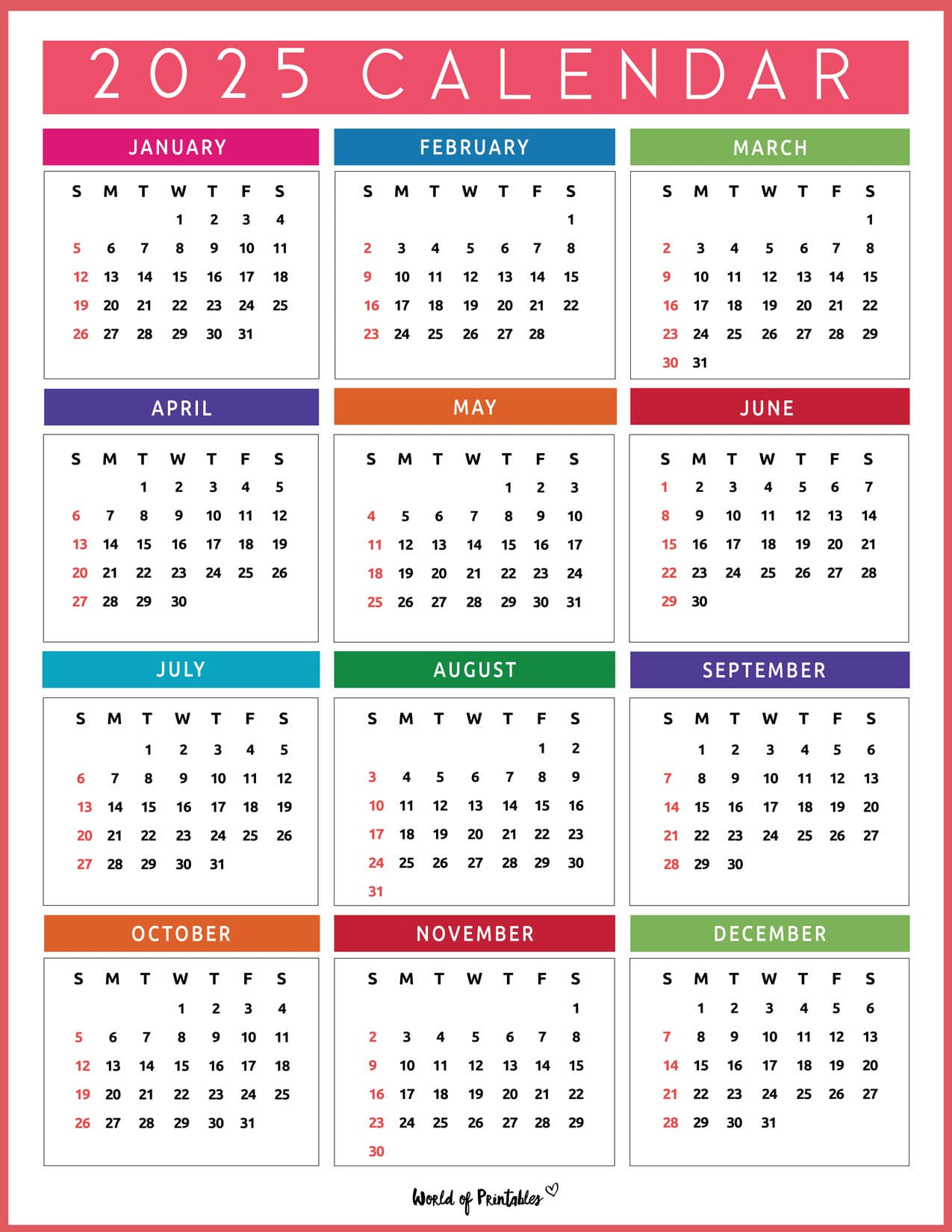 2025 Year Calendars - 70 Best Printables - World Of Printables for 12 Month Calendar 2025 Printable Free