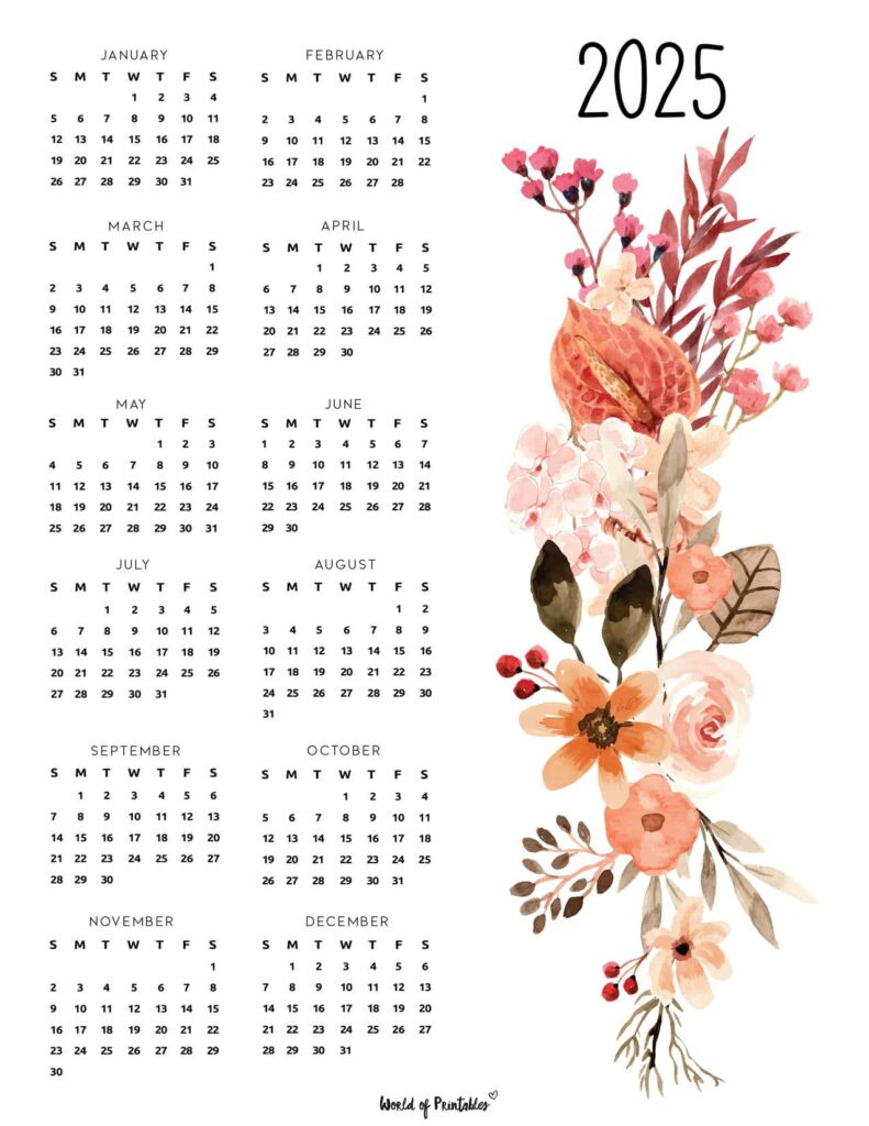 2025 Year Calendars - 70 Best Printables - World Of Printables for 2025 Calendar Printable Flowers