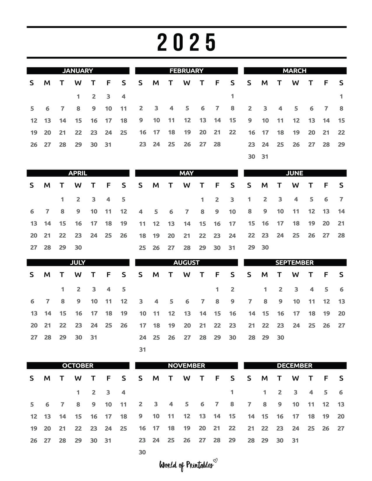 2025 Year Calendars - 70 Best Printables - World Of Printables in Printable 2025 Calendar One Page