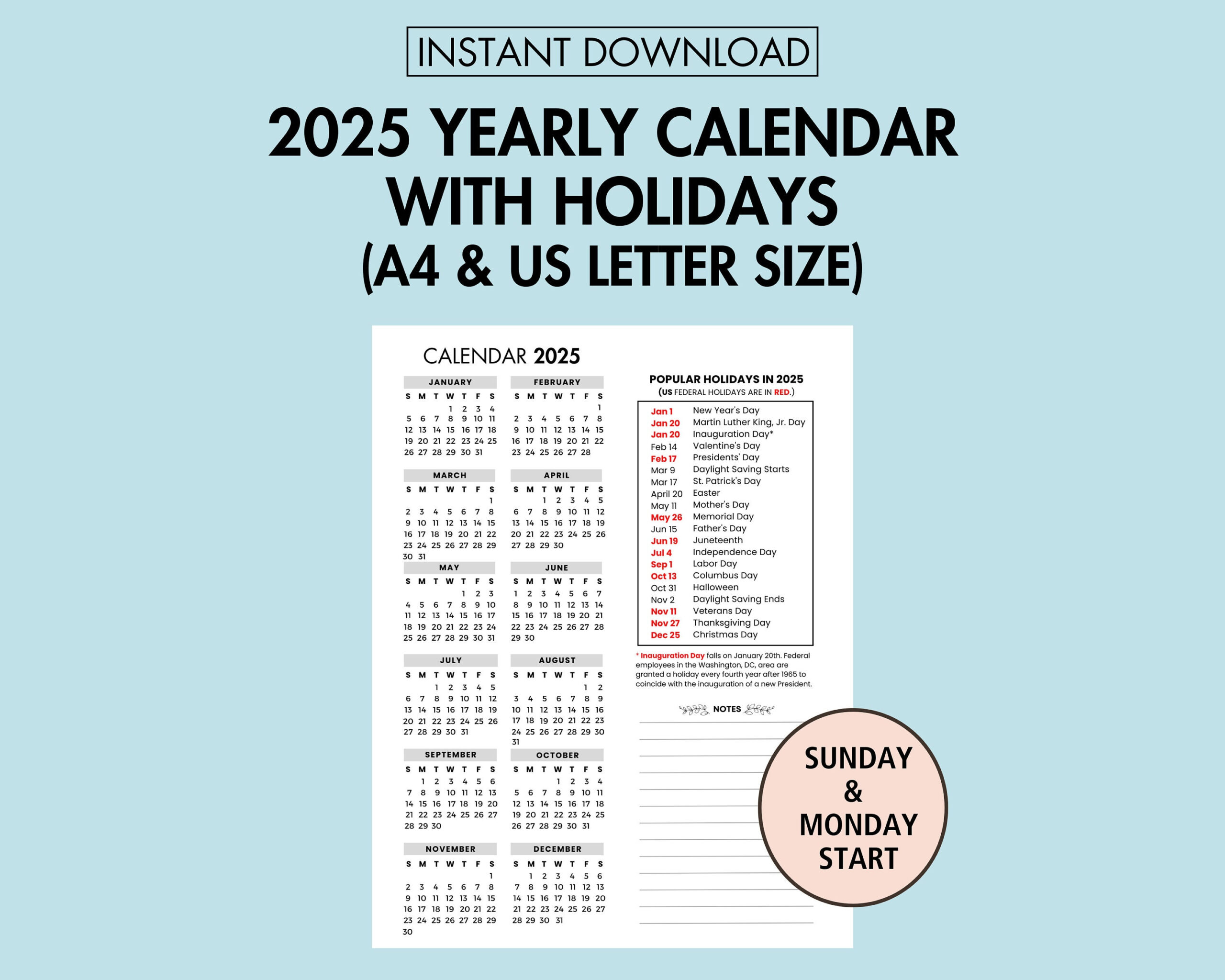 2025 Yearly Calendar With Holidays 2025 Yearly Overview Printable in 2025 Calendar with Religious Holidays Printable