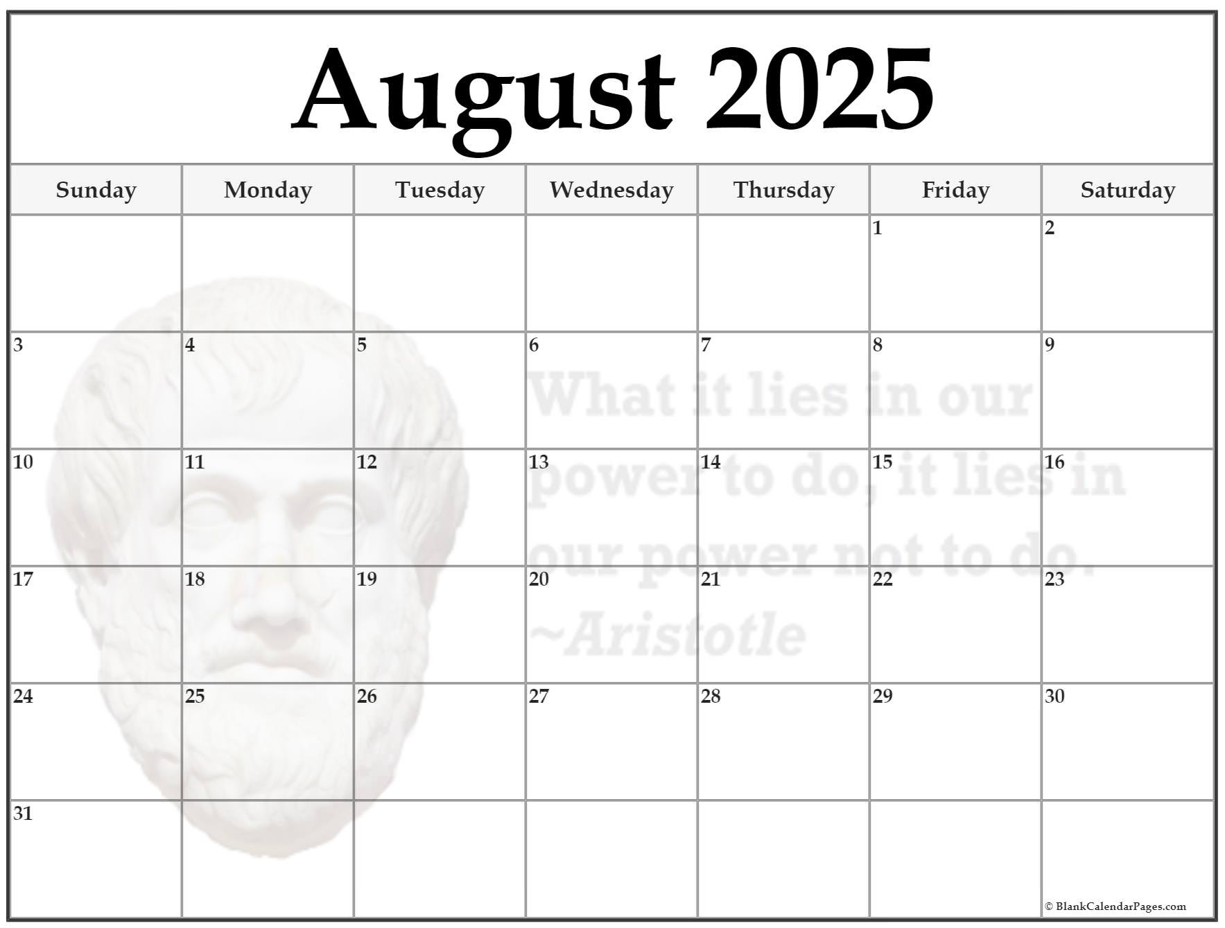 24+ August 2025 Quote Calendars throughout Blank Printable Calendar August 2025