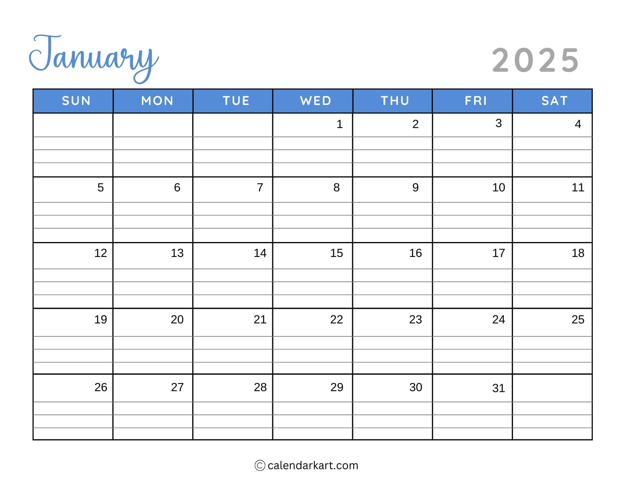 40+ Printable January 2025 Calendars | Free Pdf - Calendarkart for 2025 Calendar With Lines Printable