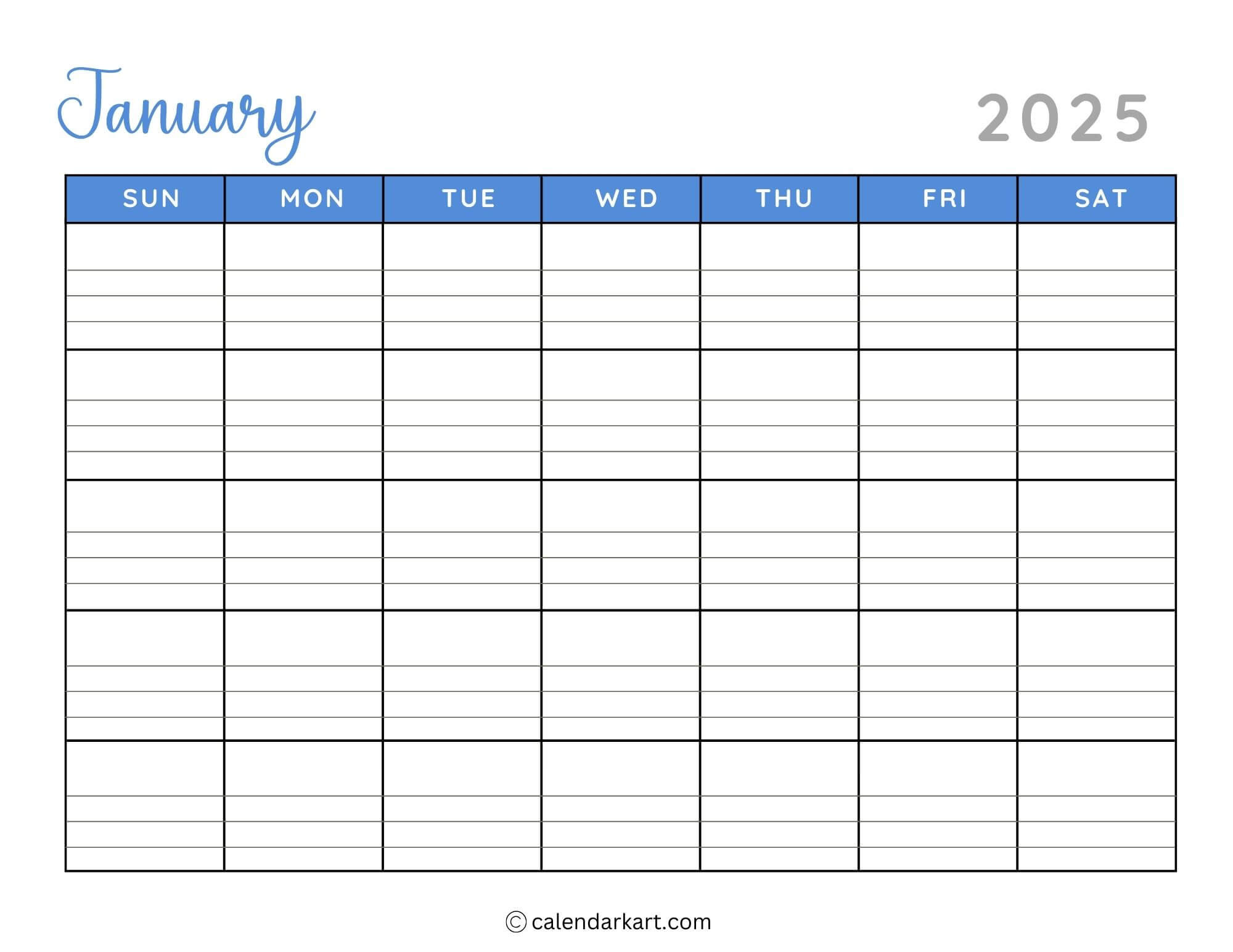 40+ Printable January 2025 Calendars | Free Pdf - Calendarkart intended for Free Printable Calendar 2025 With Lines