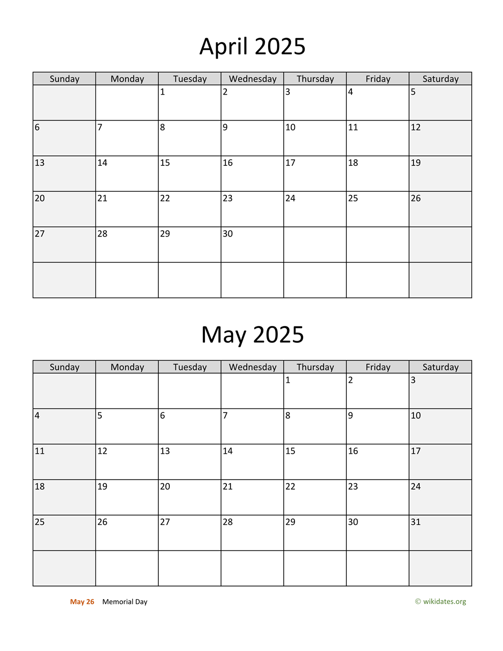 April And May 2025 Calendar | Wikidates for Printable Calendar 2025 April May June