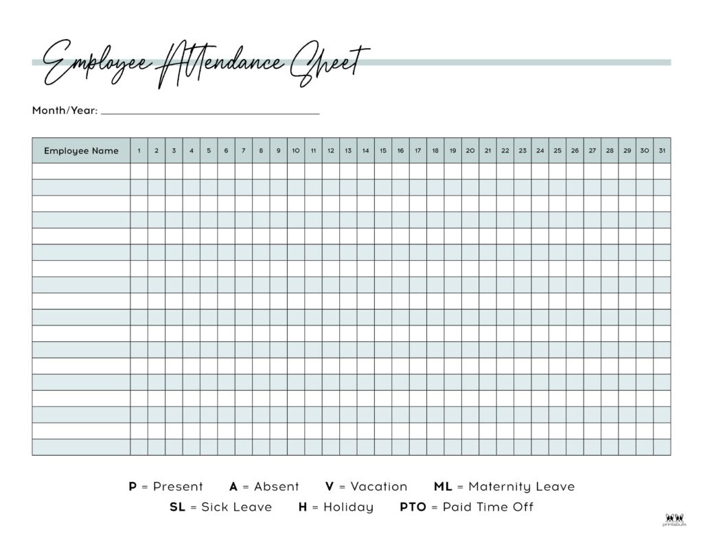 Attendance Sheets - 52 Free Printables | Printabulls for 2025 Attendance Calendar Printable Free Download