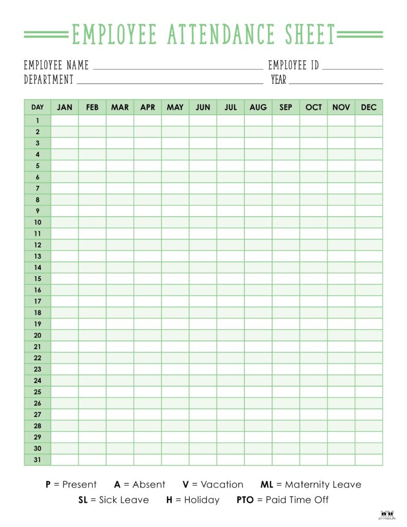 Attendance Sheets - 52 Free Printables | Printabulls pertaining to Free Printable 2025 Employee Attendance Calendar Free Download