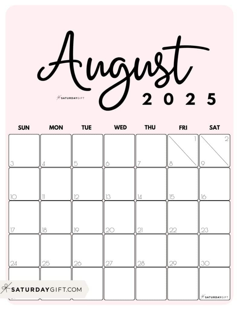 August 2025 Calendar - 20 Cute &amp;amp; Free Printables | Saturdaygift for August 2025 Calendar Printable Vertical