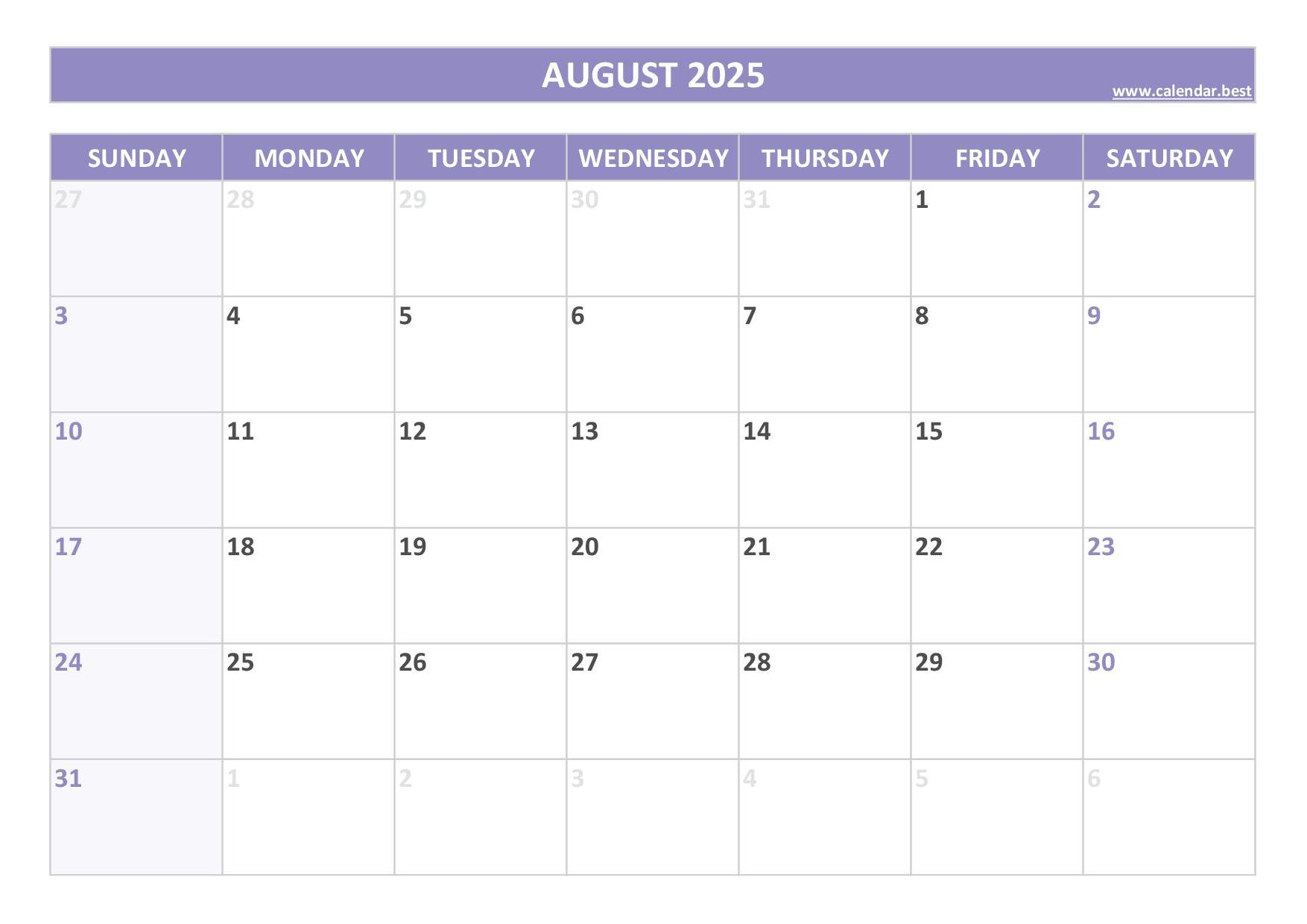 August 2025 Calendar -Calendar.best regarding August 2025 Calendar Free Printable