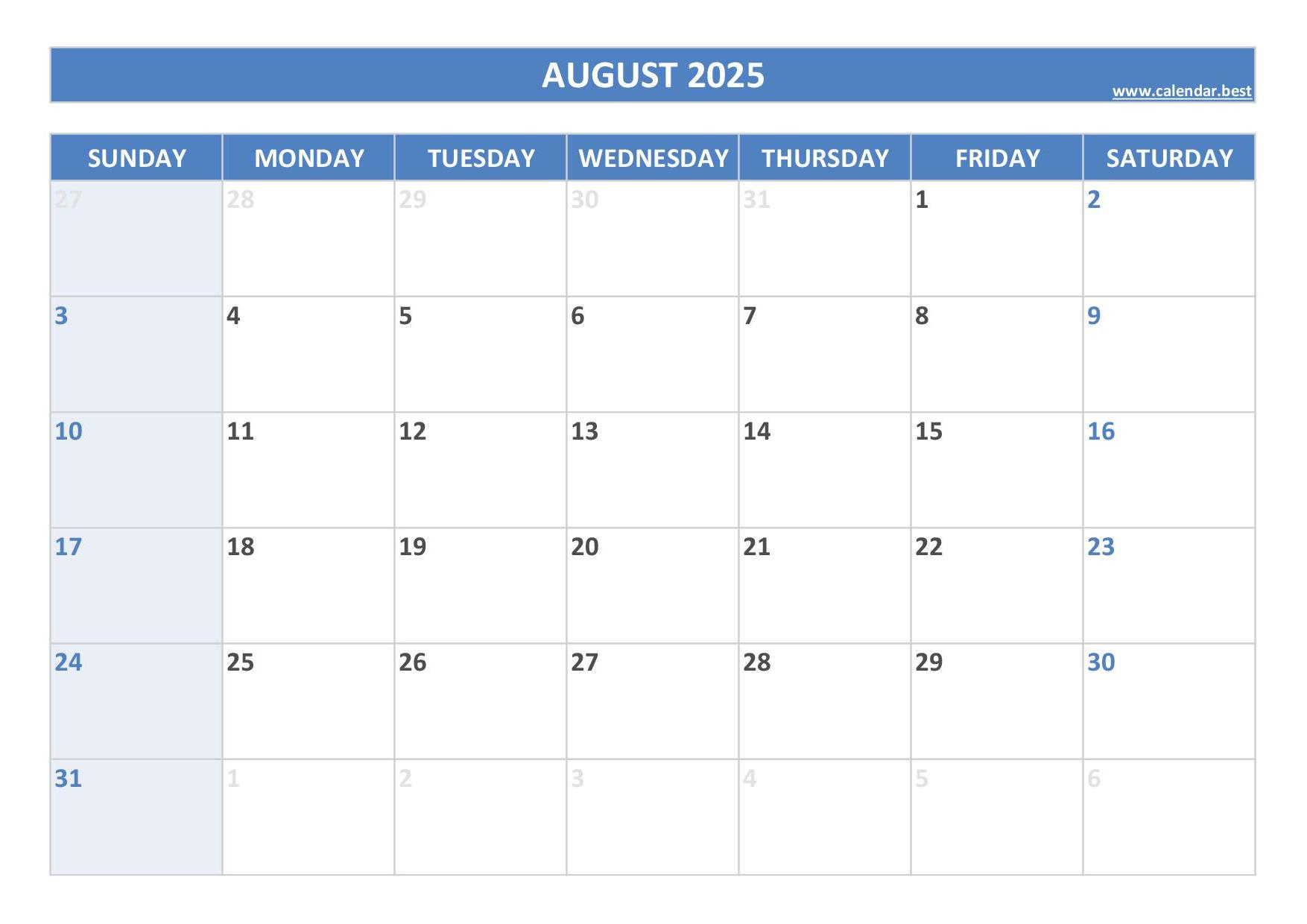 August 2025 Calendar -Calendar.best throughout Blank August Calendar 2025 Printable