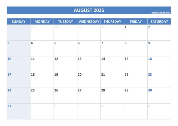 Printable Monthly Calendar 2025 August