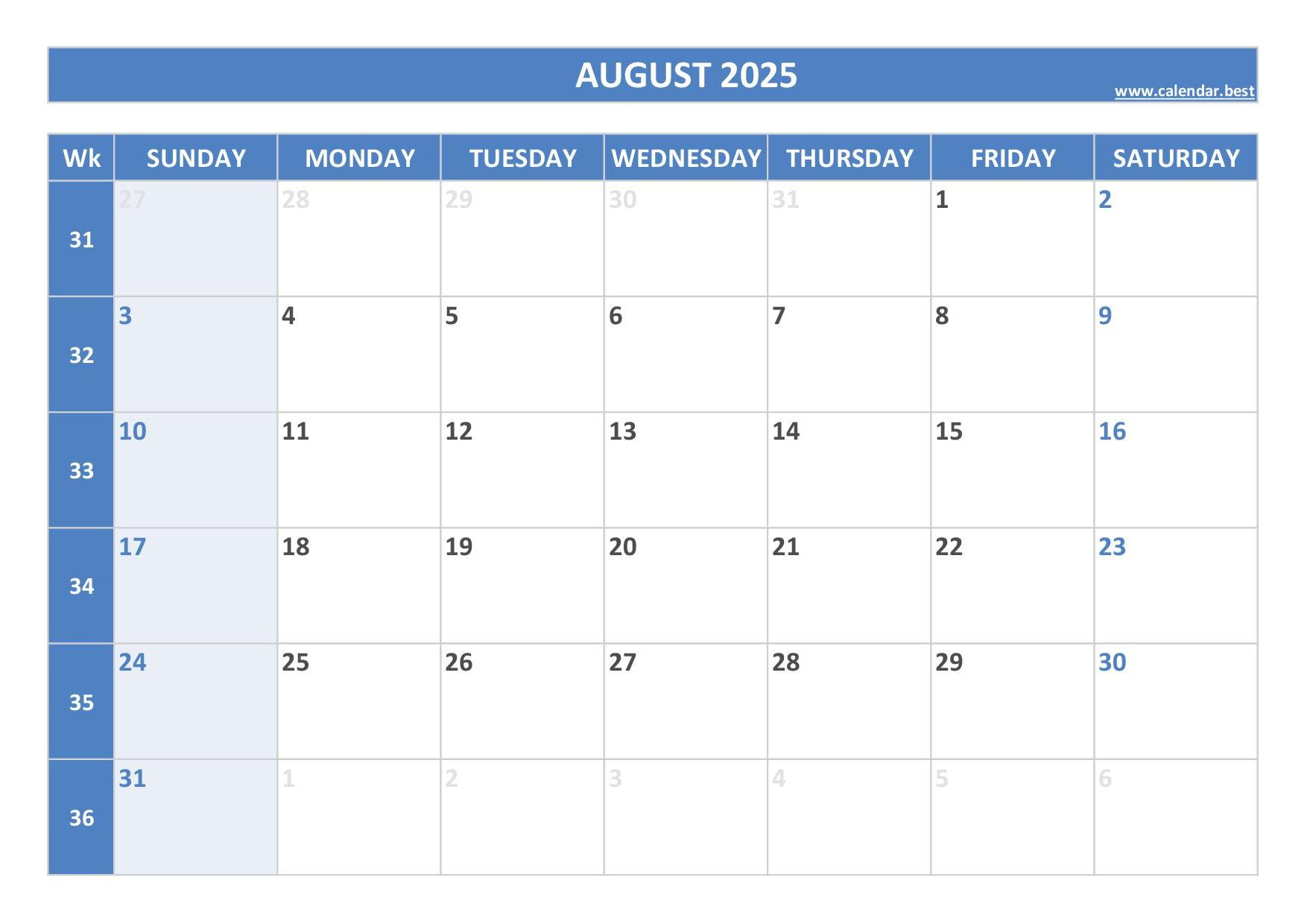 August 2025 Calendar -Calendar.best with regard to Printable Weekly Calendar August 2025