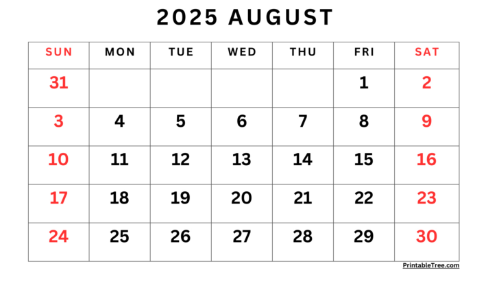 August 2025 Blank Calendar Printable Free