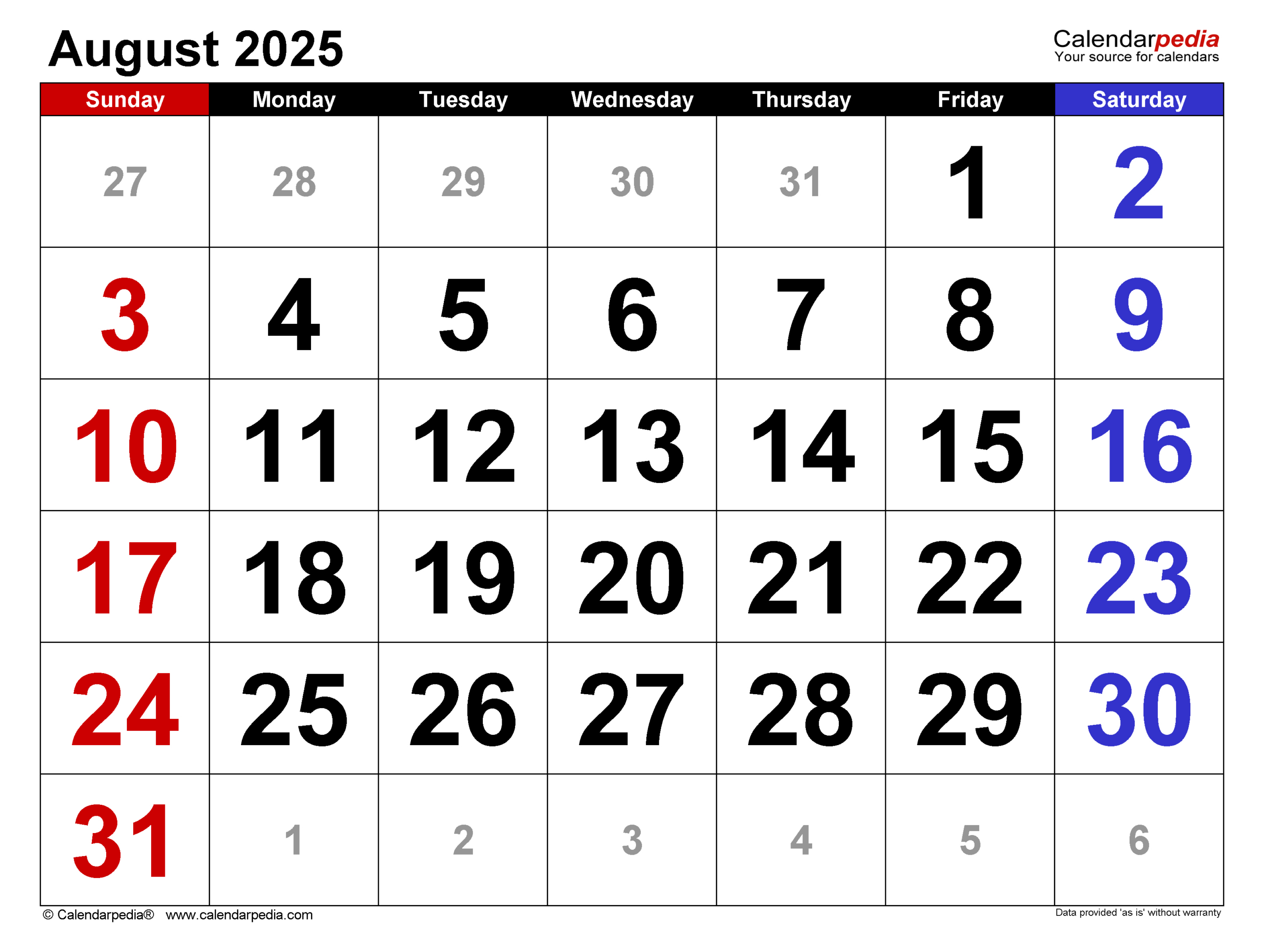 August 2025 Calendar | Templates For Word, Excel And Pdf in Printable August Calendar 2025 Big Print