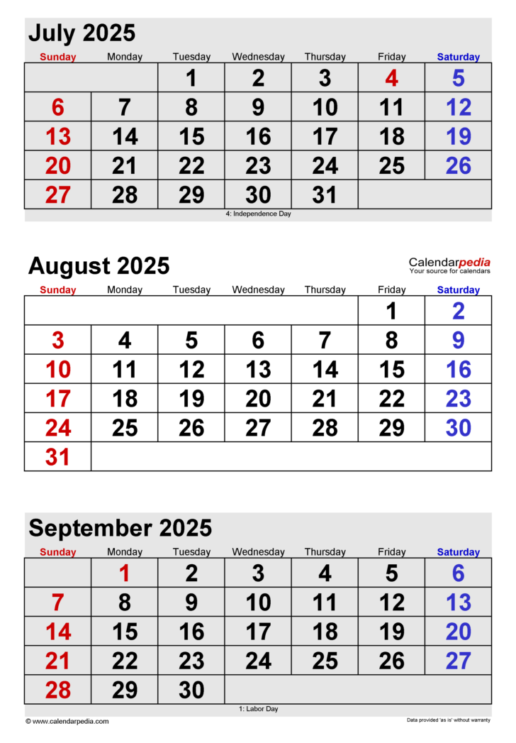 Printable Calendar July August September 2025