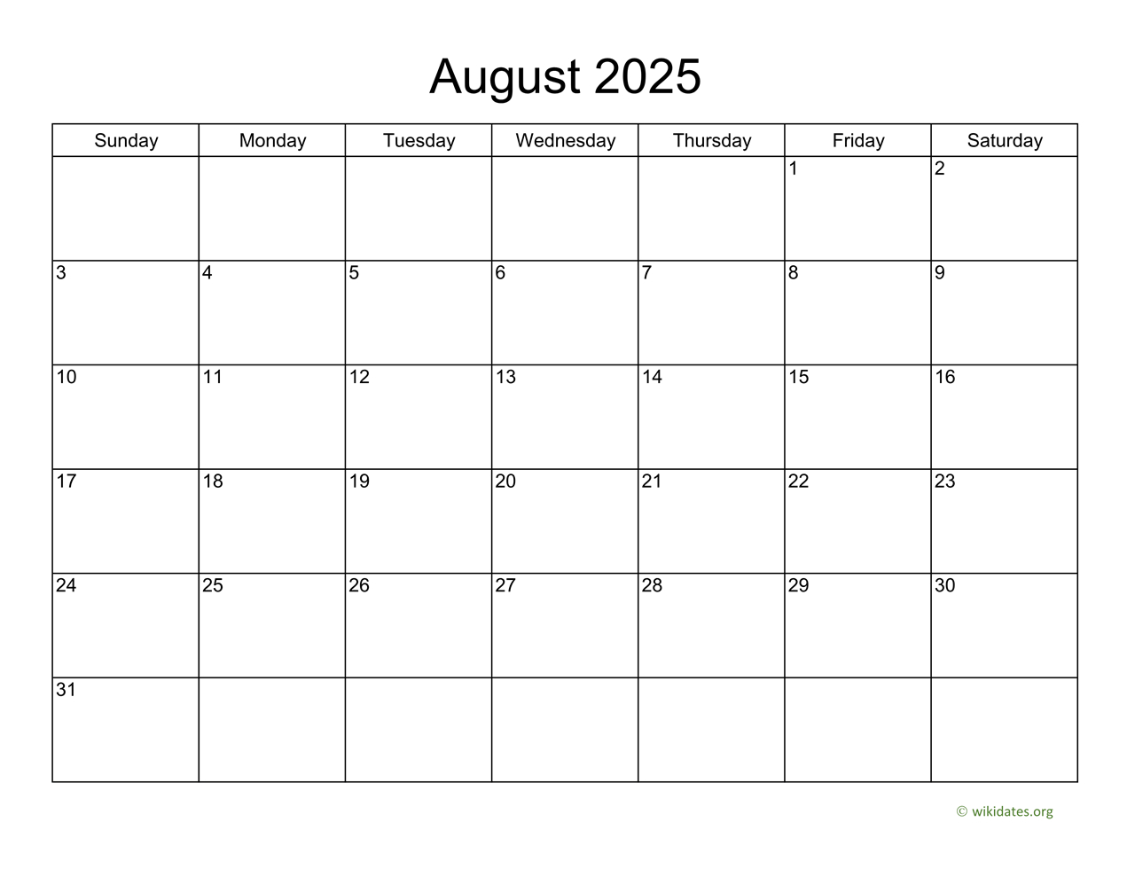 Basic Calendar For August 2025 | Wikidates throughout August 2025 Calendar Printable Wiki