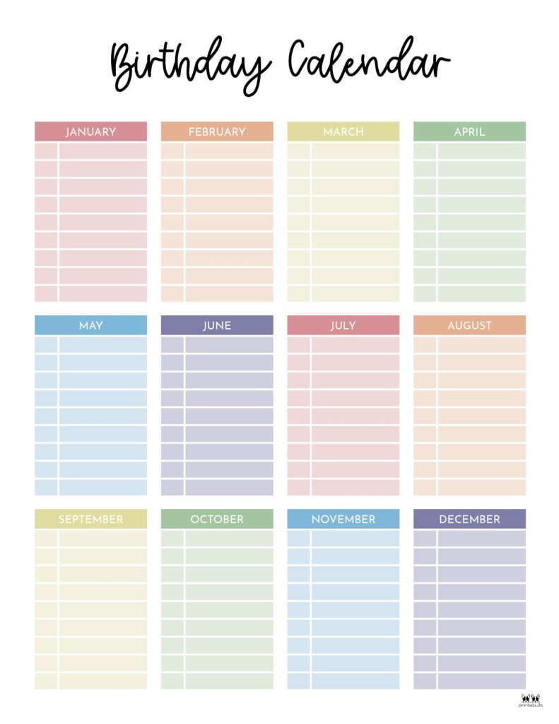 Birthday Calendars &amp;amp; Trackers - 20 Free Printables | Printabulls with Birthday Calendar 2025 Printable