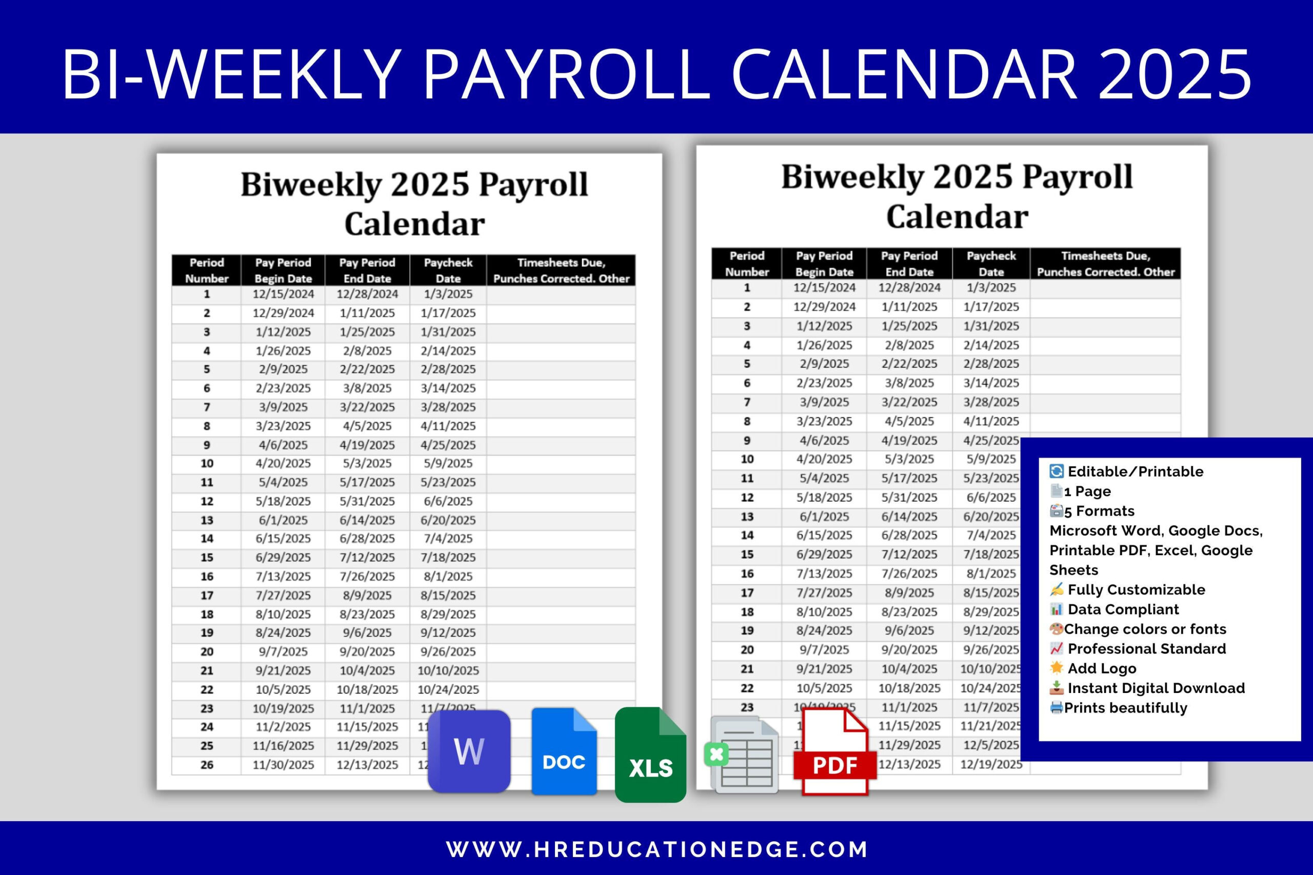 Biweekly Payroll Calendar 2025 Ms Editable Word, Excel Pay Period pertaining to Printable Federal Pay Period Calendar 2025