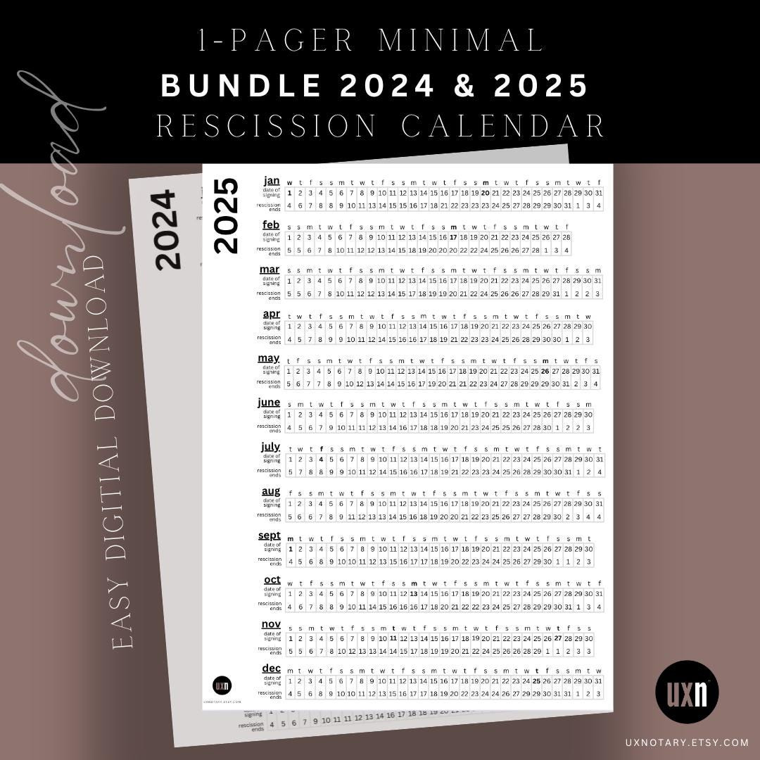 Bundle 2024 &amp;amp; 2025 Rescission Calendar Minimal Design Loan Signing inside 2025 Rescission Calendar Printable