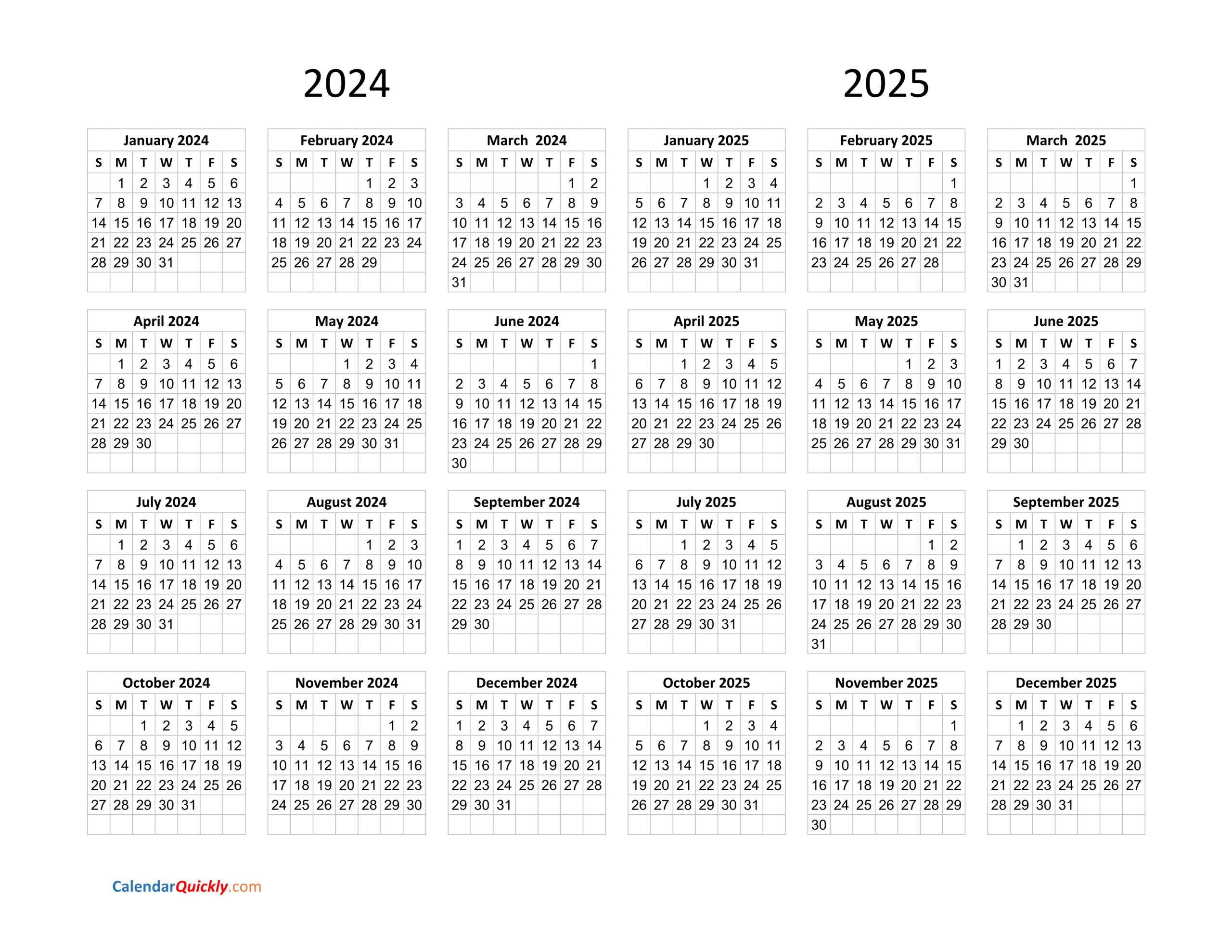 Calendar 2024 And 2025 On One Page | Calendar Quickly for 2024 and 2025 Yearly Calendar Printable