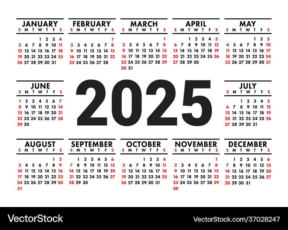 Calendar 2025 English Horizontal Wall Or Pocket Vector Image intended for Pocket Calendar 2025 Printable