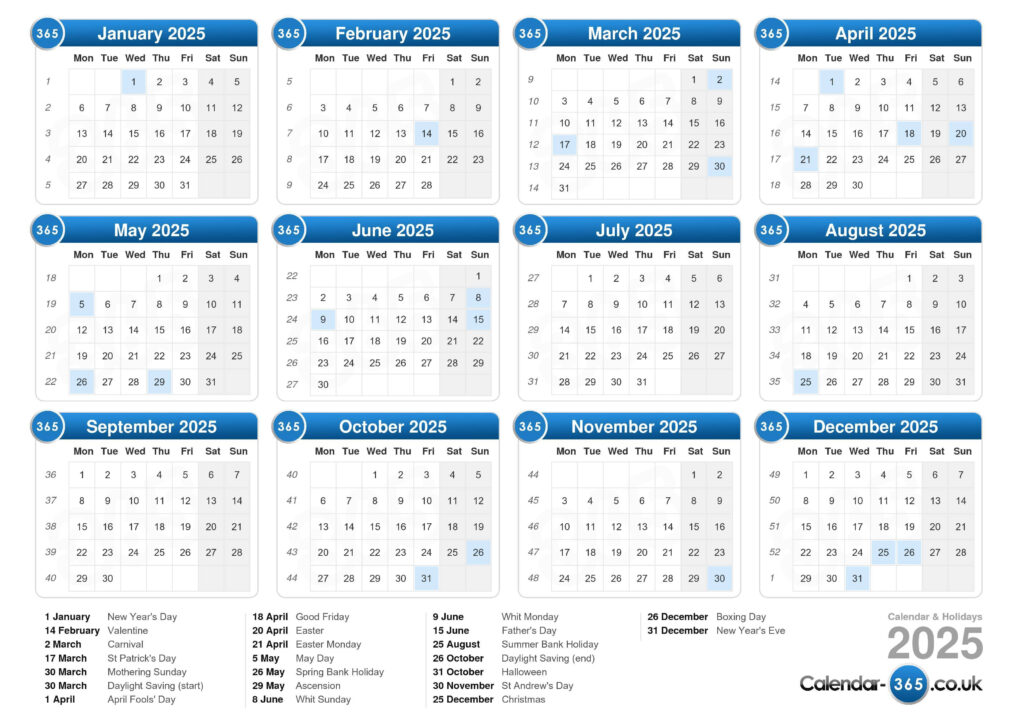 2025 Calendar with Bank Holidays Printable Printable Calendars