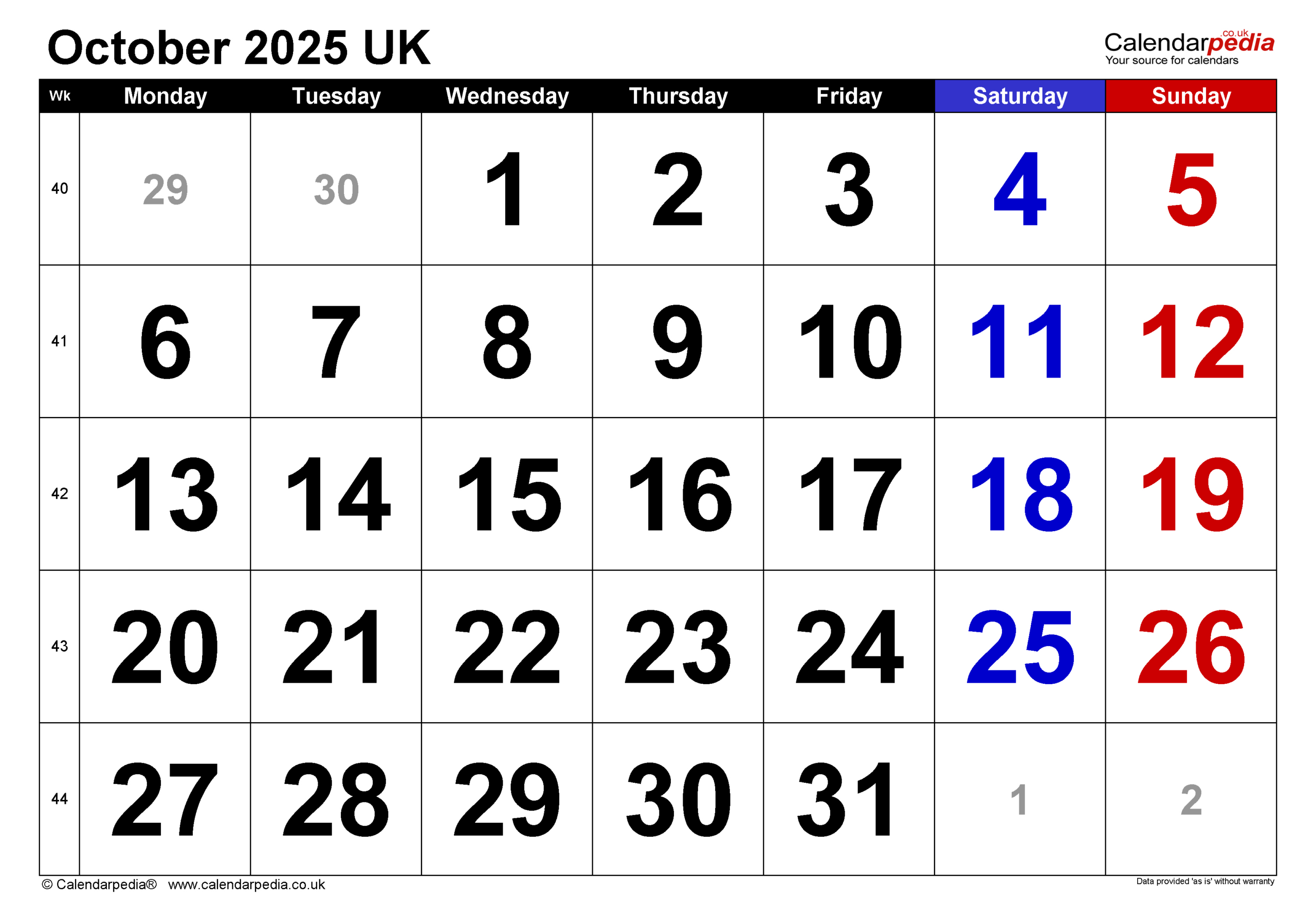 Calendar October 2025 Uk With Excel, Word And Pdf Templates throughout Calendar October 2025 Printable