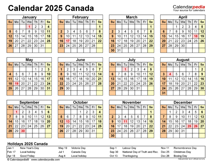 2025 Calendar Canada with Holidays Printable