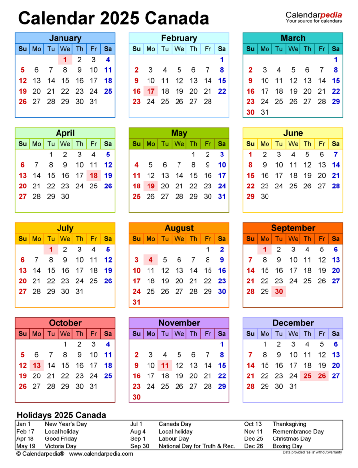 2025 Calendar with Canadian Holidays Printable