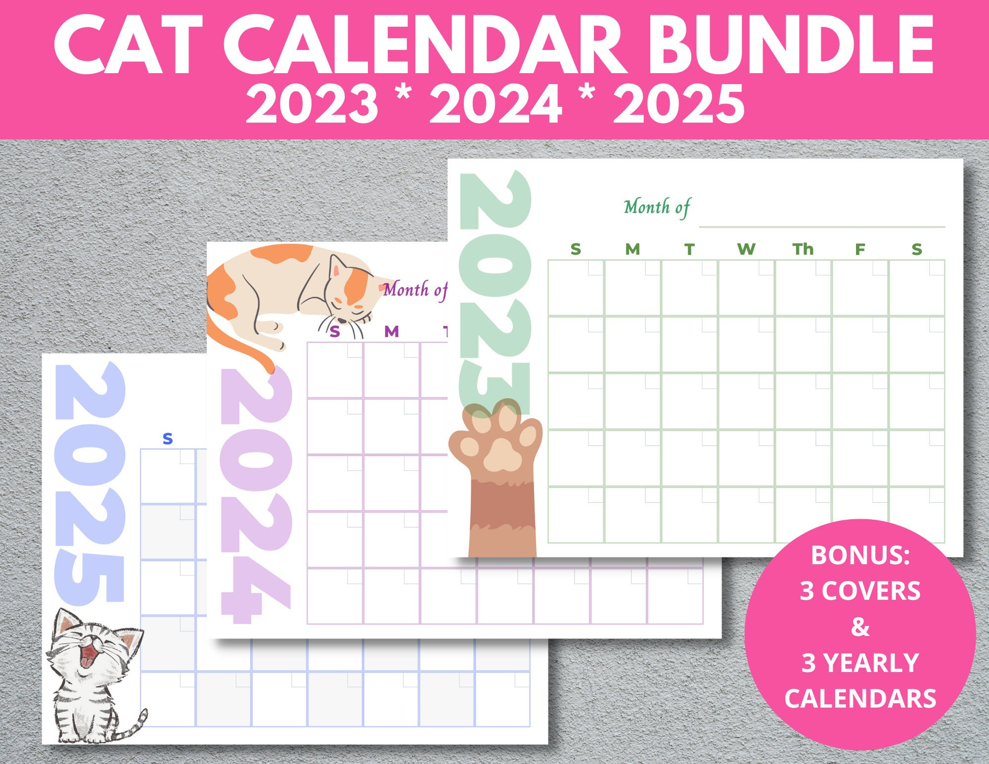 Cat Calendar Bundle 2023 2024 2025, Printable Blank Monthly in Cat Calendar 2025 Printable