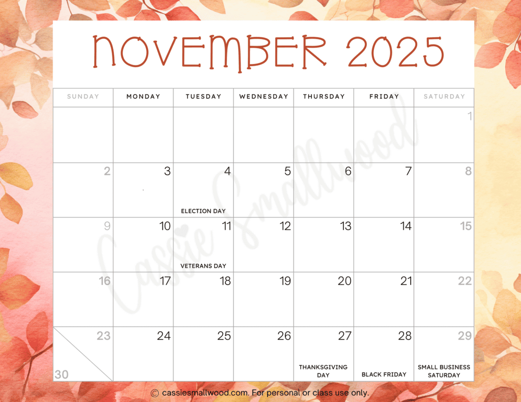 Cute 2025 Free Printable Monthly Calendars - Cassie Smallwood in November 2025 Calendar With Holidays Printable Free