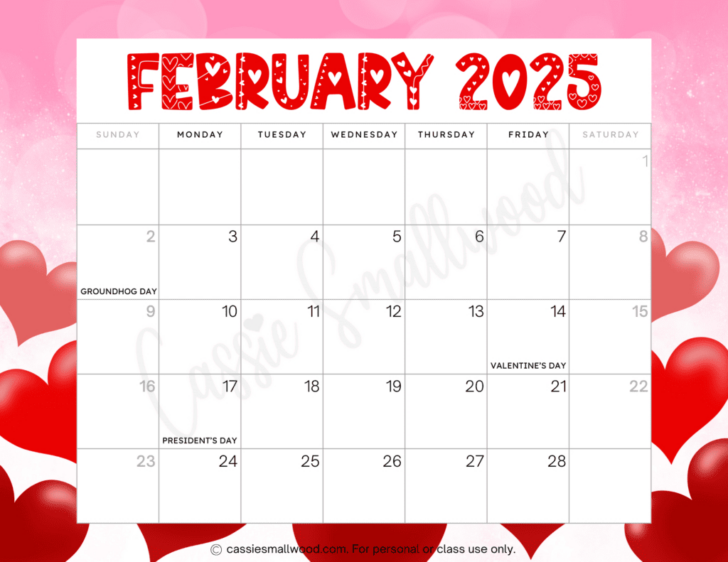 Free Printable February 2025 Calendar with Holidays