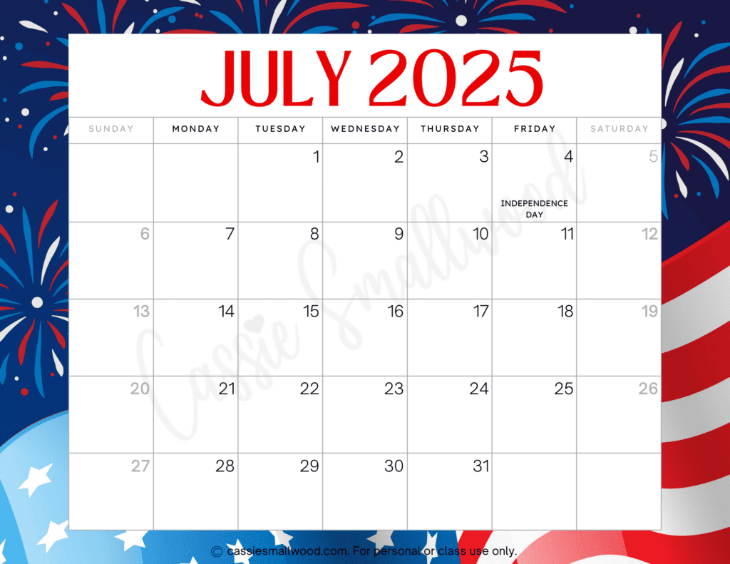 Cute 2025 Free Printable Monthly Calendars - Cassie Smallwood inside Printable July 2025 Calendar with Holidays