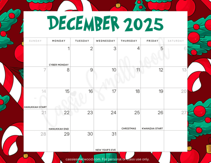 December 2025 Calendar with Holidays First Printable