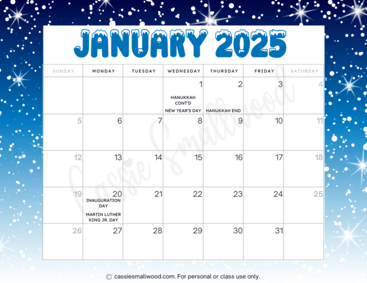 2025 Fun Holiday Calendar Printable