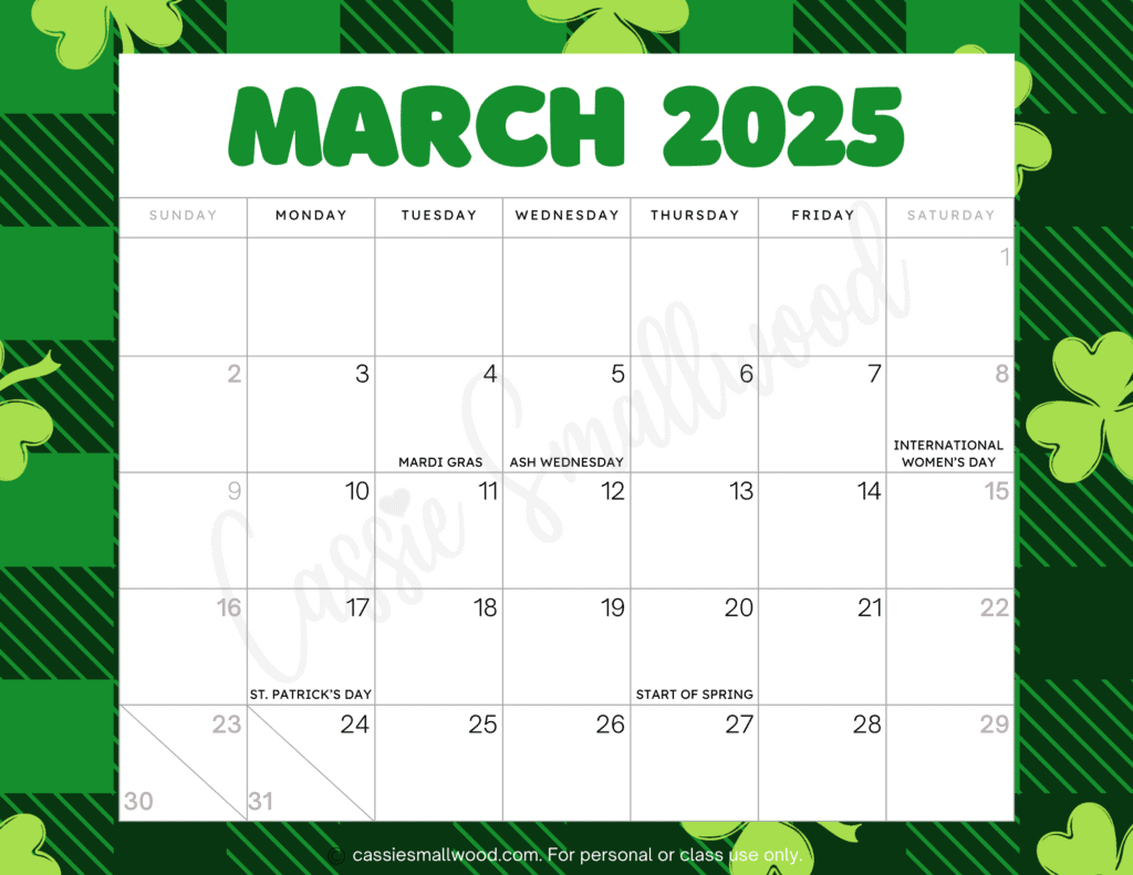 Cute 2025 Free Printable Monthly Calendars - Cassie Smallwood throughout March 2025 Calendar with Holidays Printable